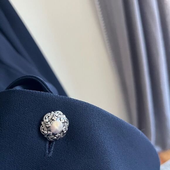 Vintage Leslie Fay Navy Blazer 12 Pearl Buttons Sheer 80s Power Jacket - Picture 6 of 7